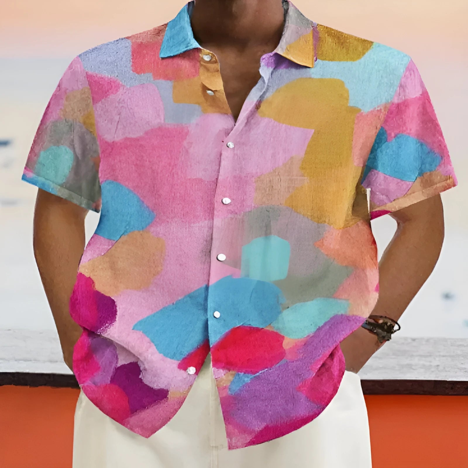 Short sleeve Hawaiian style cardigan with stand collar and blue 3D printed pattern.