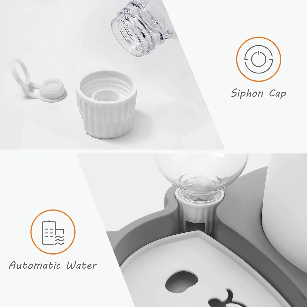 Grey panda-shaped tilted elevated pet feeder with stainless steel bowls and automatic water bottle