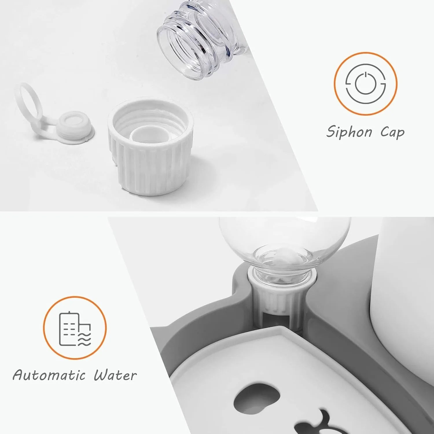 Grey panda-shaped tilted elevated pet feeder with stainless steel bowls and automatic water bottle