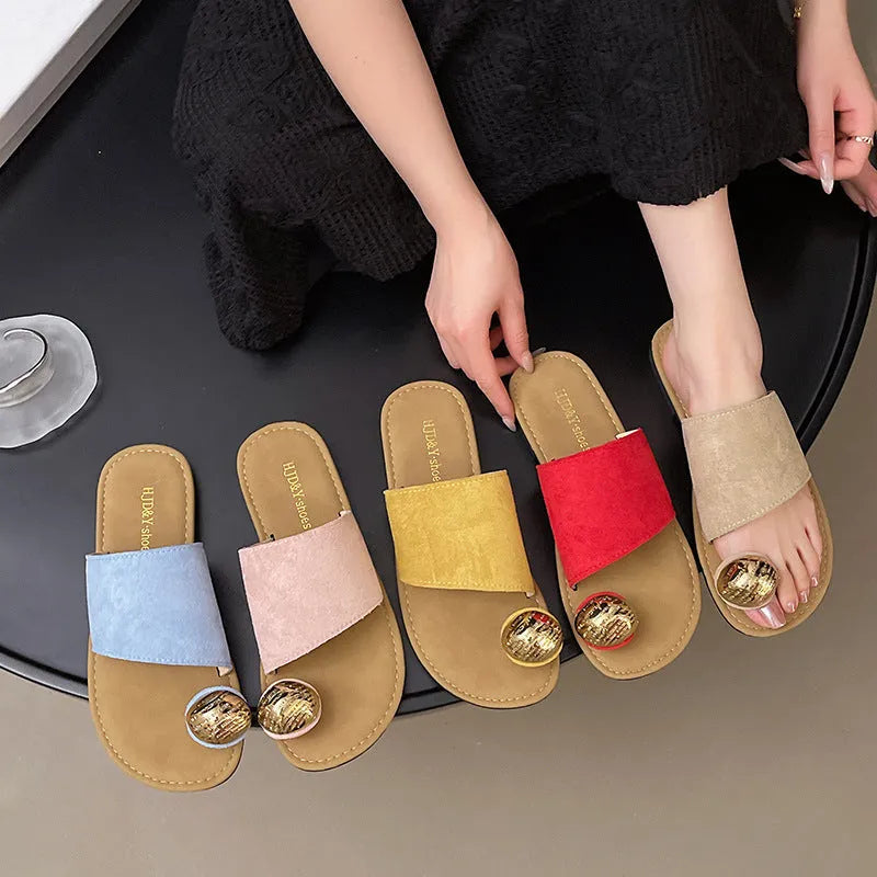 Women's flat bottomed French toe flip flops in solid colour with artificial PU upper and rubber sole