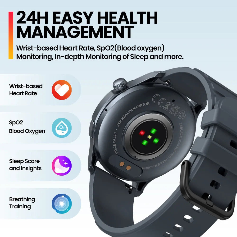 Btalk 3 Pro smart watch with AMOLED display showing health tracking data on blue-coloured case