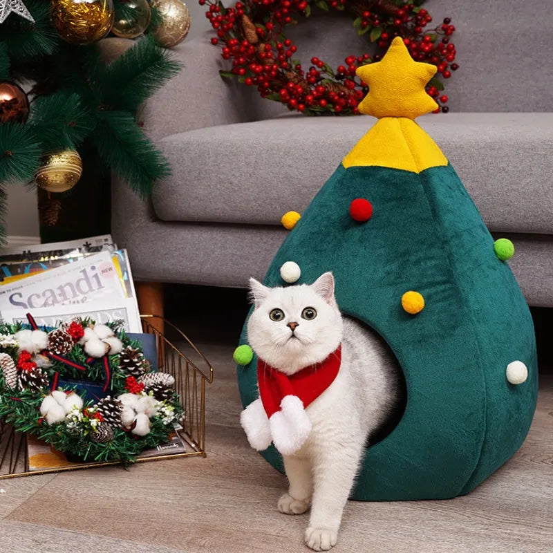 Christmas tree-shaped plush cave pet bed for cats and small dogs in three sizes.