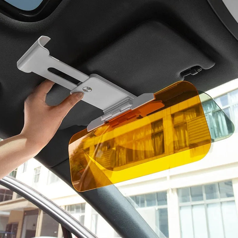 Car anti-glare sun visor with acrylic lens showing adjustable stretch, button, and spring installation options