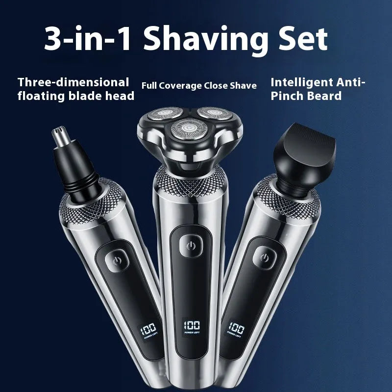 USB rechargeable beard trimmer with digital display and washable head on a five-in-one base.