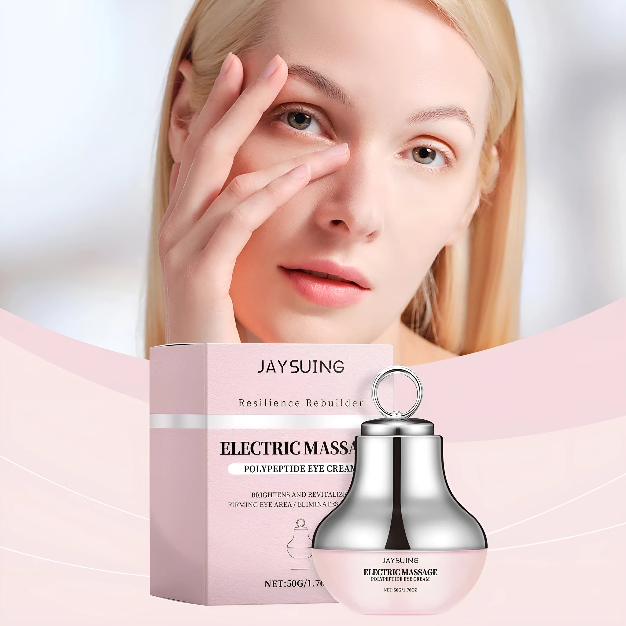 Electric massage eye cream jar measuring 7.7x11cm containing 50g of lifting and moisturising formulation