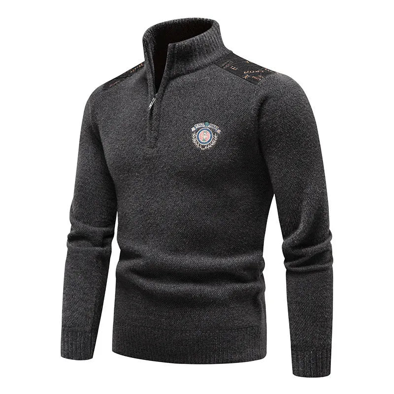 Men's velvet stand collar thickened sweater in beige, straight cut pullover with long sleeves for winter
