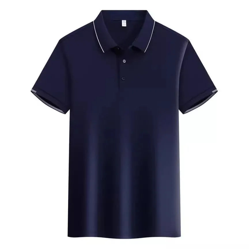 Man wearing a loose fit apricot coloured short sleeve cotton blend polo shirt.