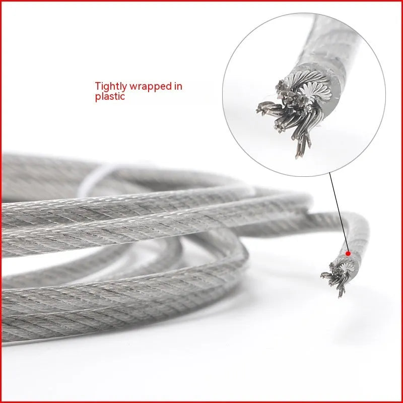 Close-up of a coiled 304 stainless steel multi-strand security cable with a coated finish.