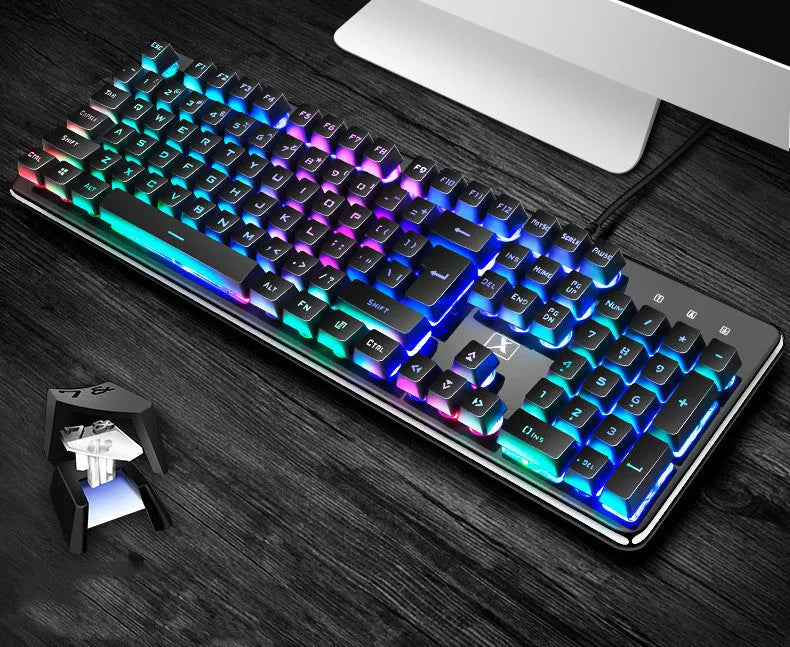 Black steampunk three-piece gaming set with keyboard, mouse and headset