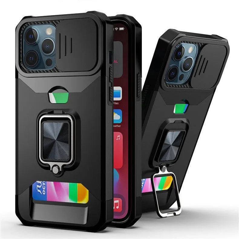 Drop-resistant protective phone case with sliding window and ring for iPhone models in black