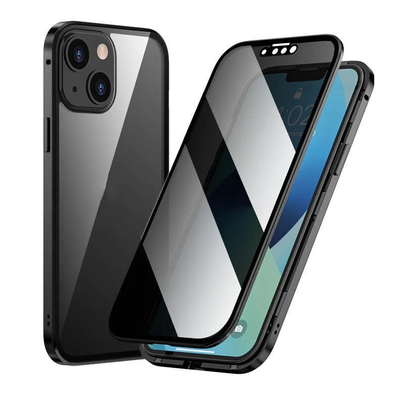 Black Magneto privacy phone case with metal frame for iPhone, showing anti-peep screen protector.