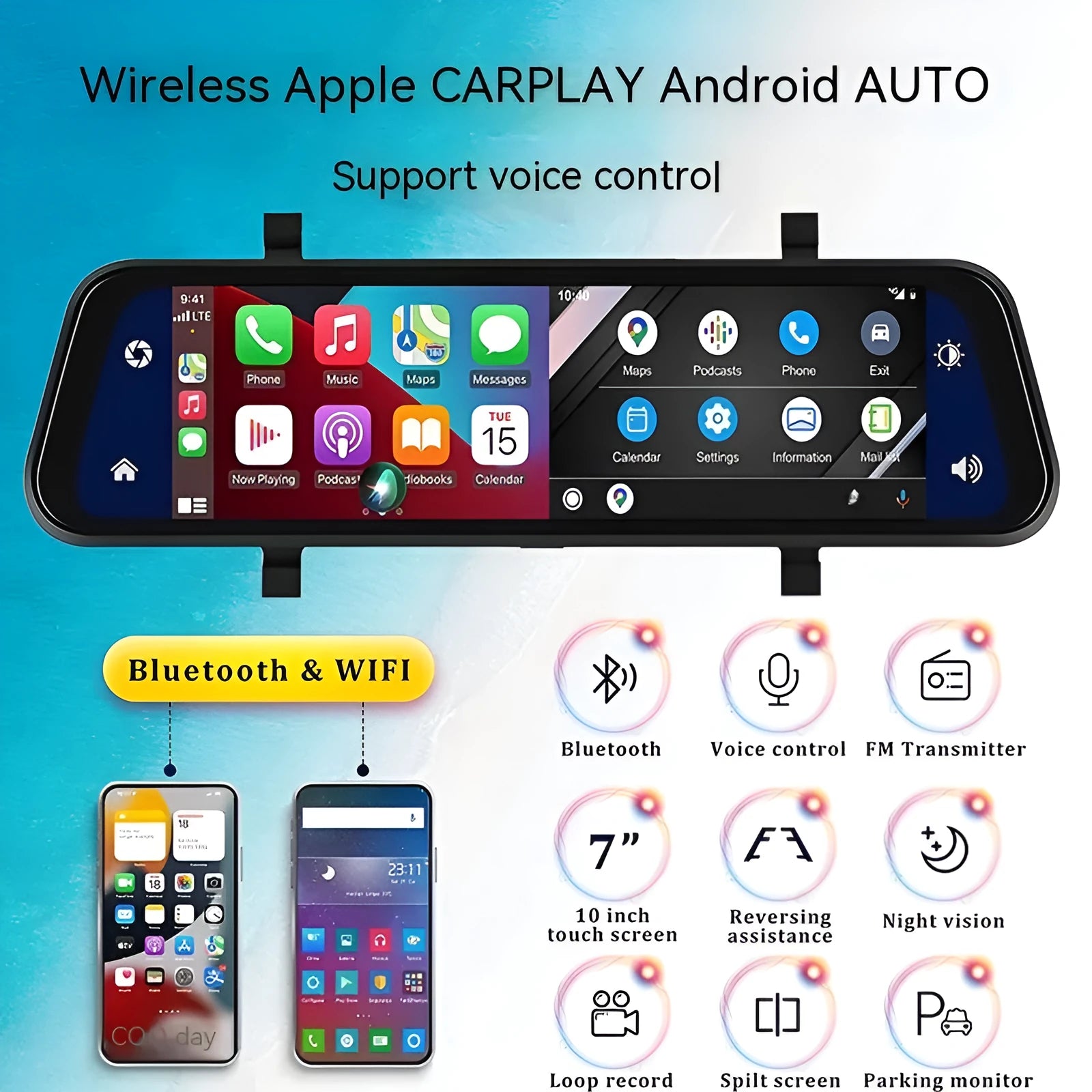 Black 9-inch portable car GPS navigation system with dual cameras and touch screen