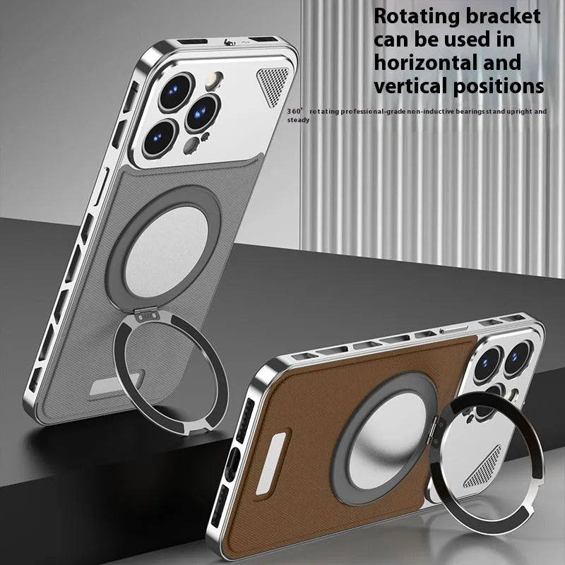 Aluminium alloy leather iPhone case with rotating bracket and magnetic suction, shown in black and blue.