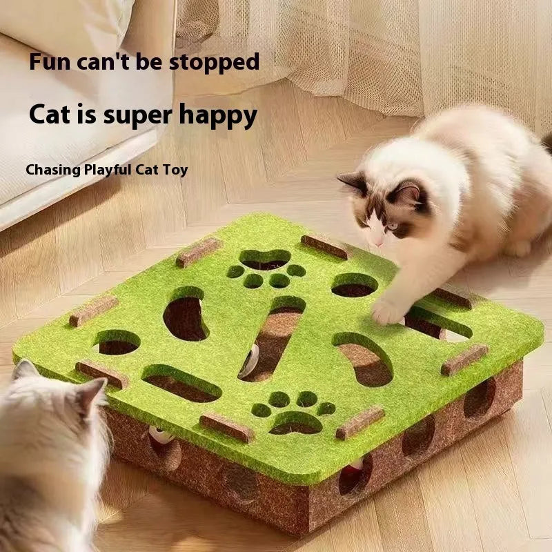 Green brown felt box cat toy with holes for paw play, measuring 30x30x7.5 cm.