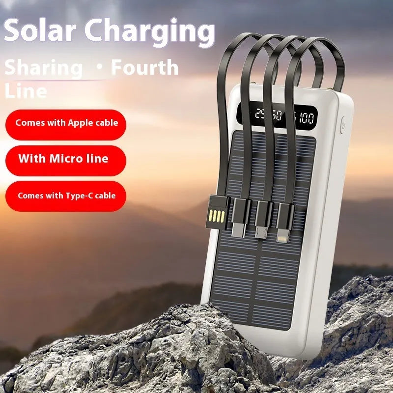 Solar power bank with charging cable 30000mAh capacity in black industrial plastic case