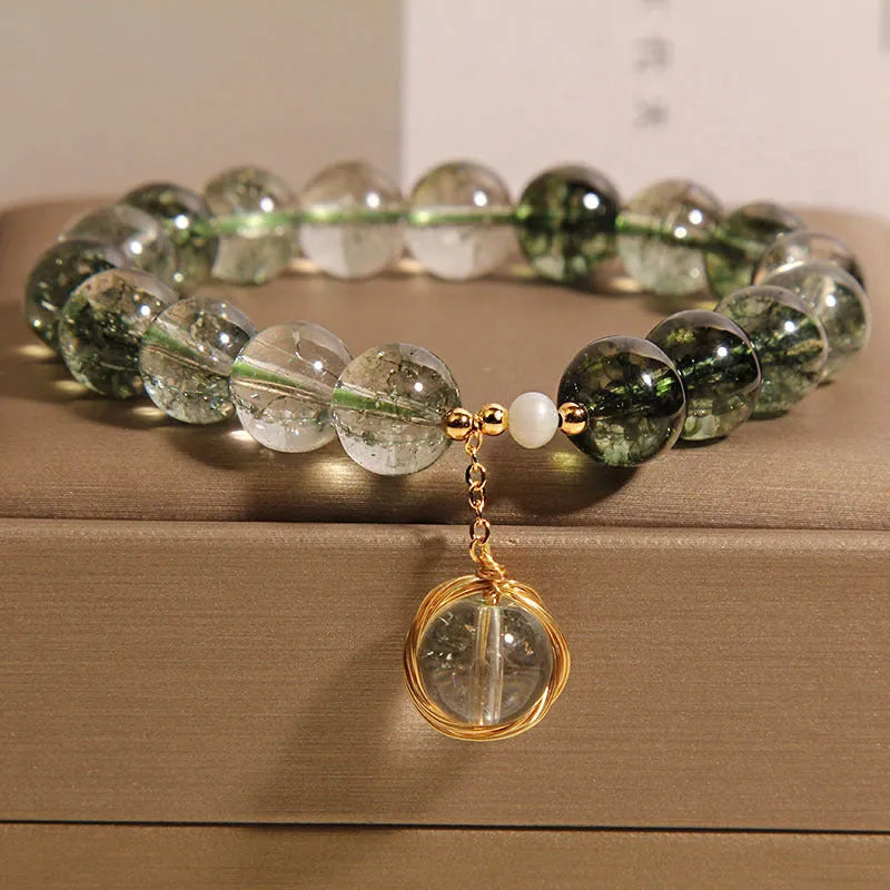 Green phantom quartz crystal bracelet with Japanese Korean style winding transfer beads