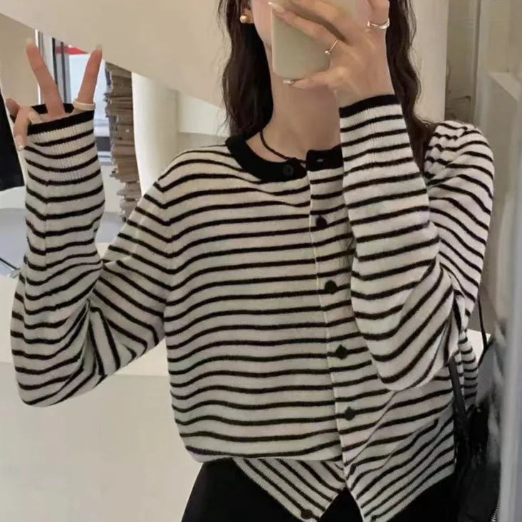 Dark grey and white striped women's cardigan coat with short 40cm length and slim fit.