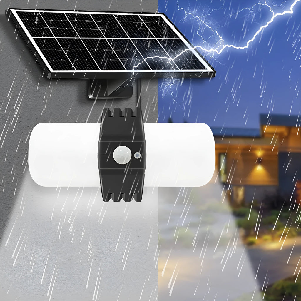 Black outdoor solar floodlight with abstract design and mounting bracket for wall installation