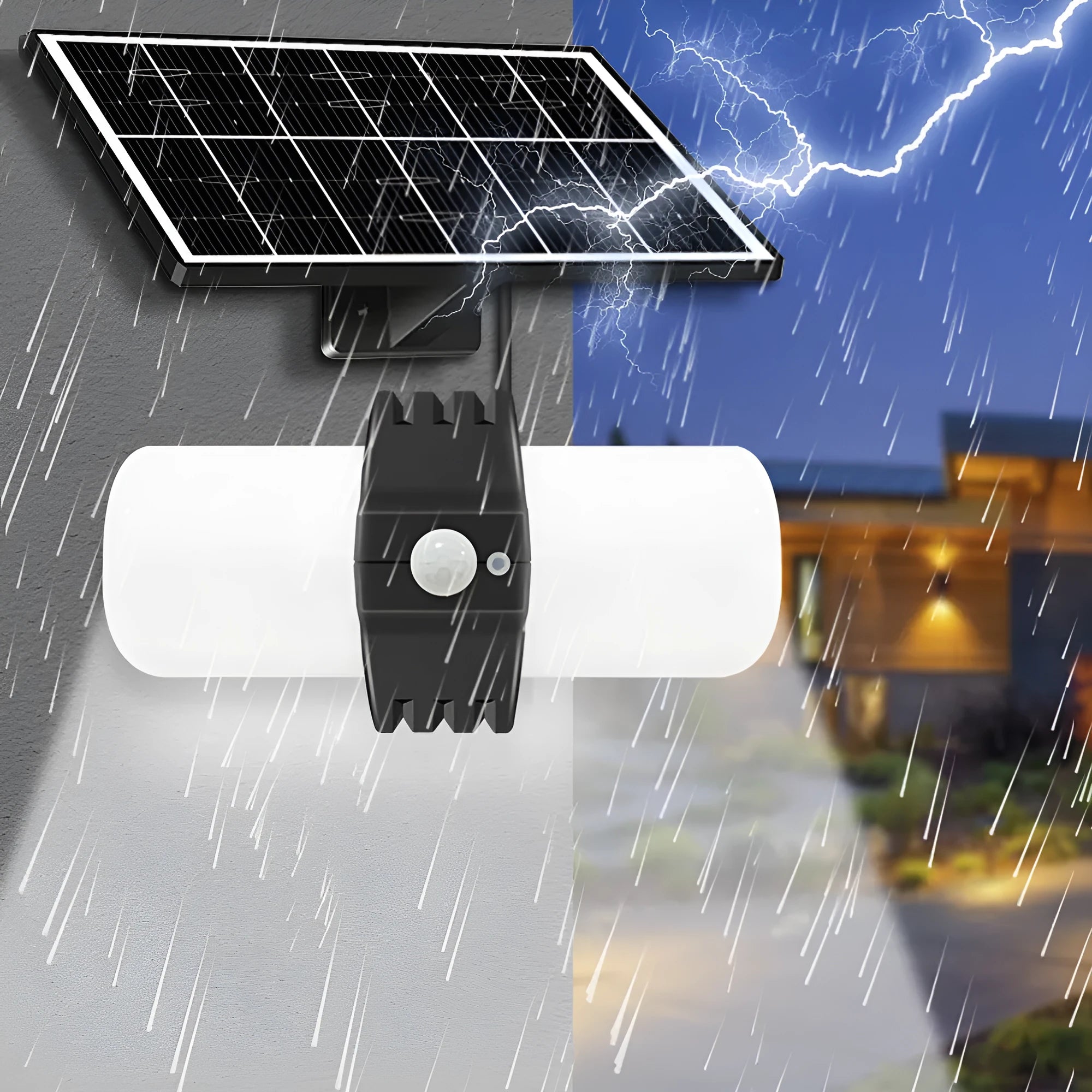 Black outdoor solar floodlight with abstract design and mounting bracket for wall installation