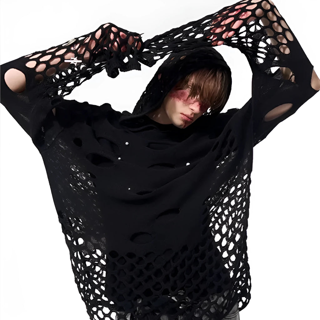 Black men's hollow knit hoodie with pearl decoration on the chest, loose fit.
