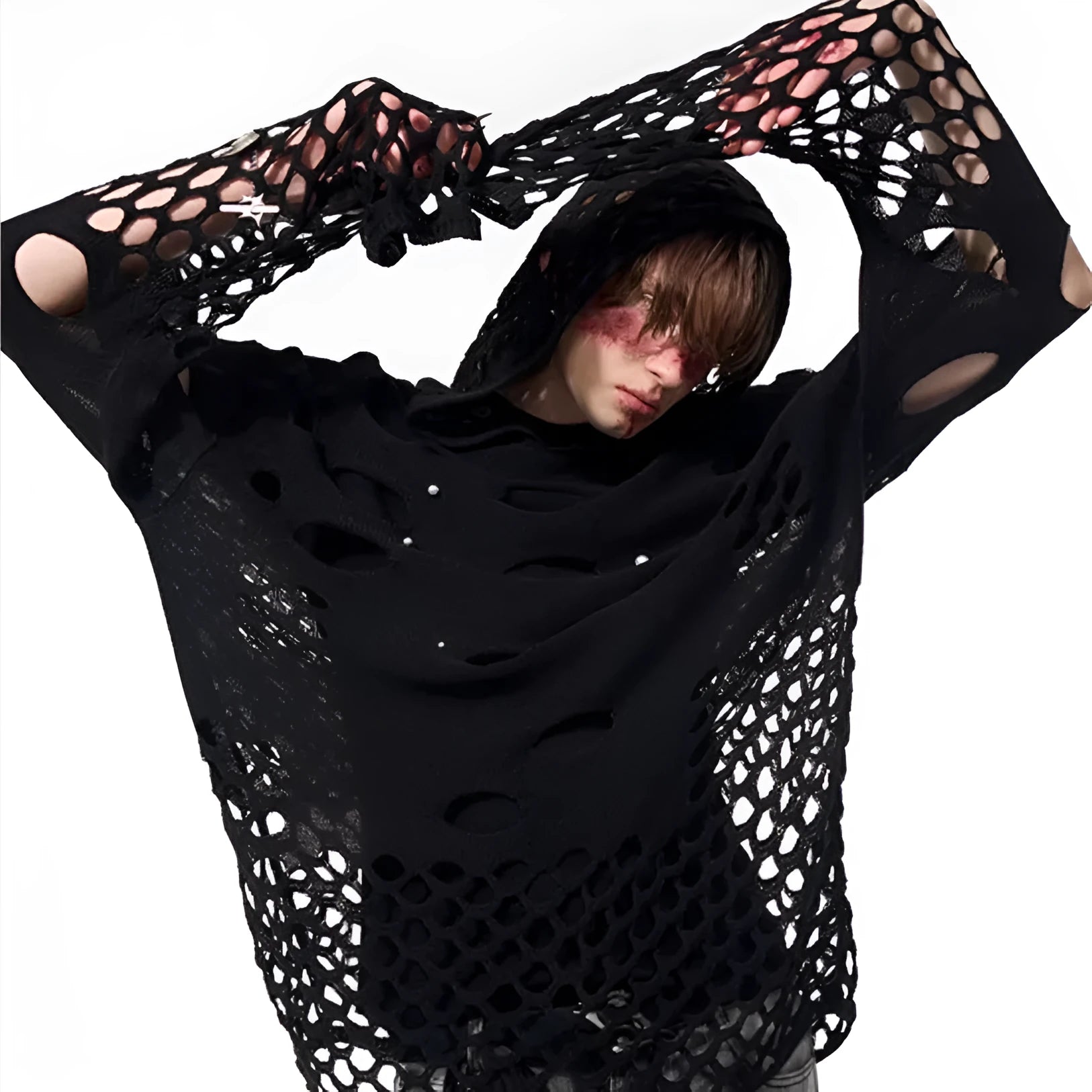 Black men's hollow knit hoodie with pearl decoration on the chest, loose fit.