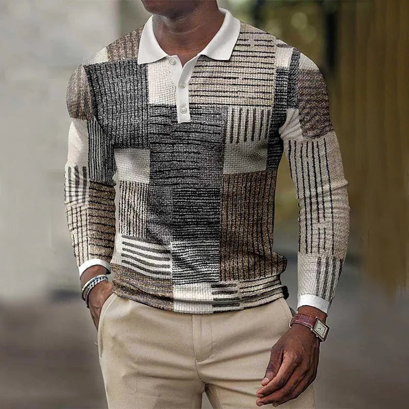 Men's grey long-sleeved casual top with a raised black 3D printed stripe pattern.