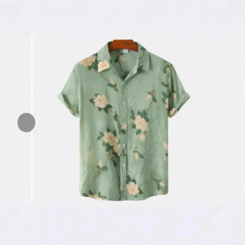 Hawaiian floral print short sleeve shirt with a lapel collar on a hanger.