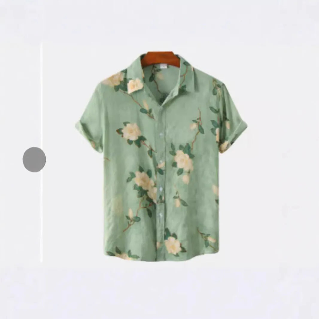 Hawaiian floral print short sleeve shirt with a lapel collar on a hanger.