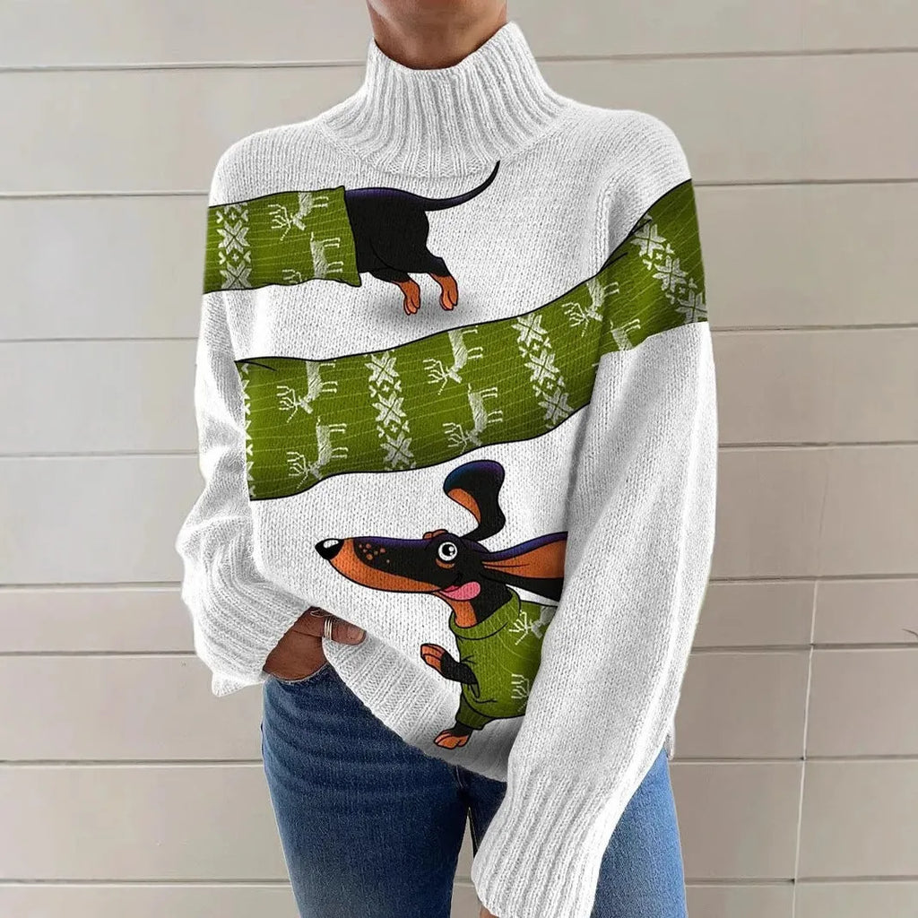 Women's printed red Christmas turtleneck loose-fit sweater on a hanger.