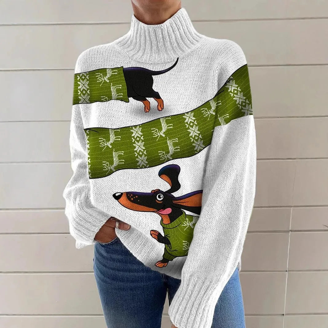 Women's printed red Christmas turtleneck loose-fit sweater on a hanger.
