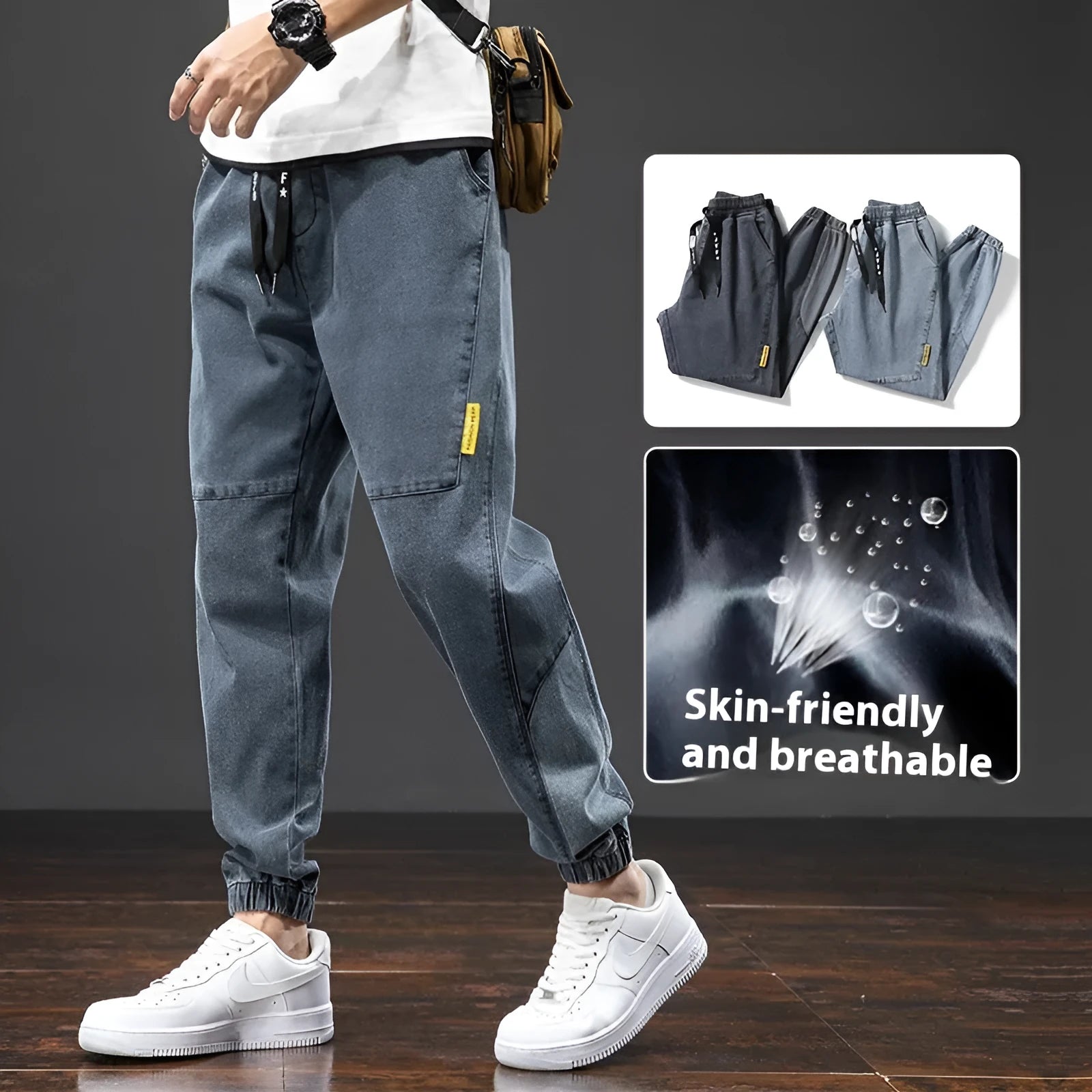 Men's loose cargo jeans in straight leg style with Korean workwear design