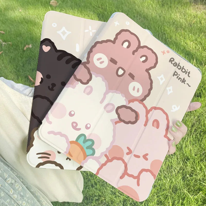 Silicone iPad tri-fold case with a cartoon rabbit design, laid flat.