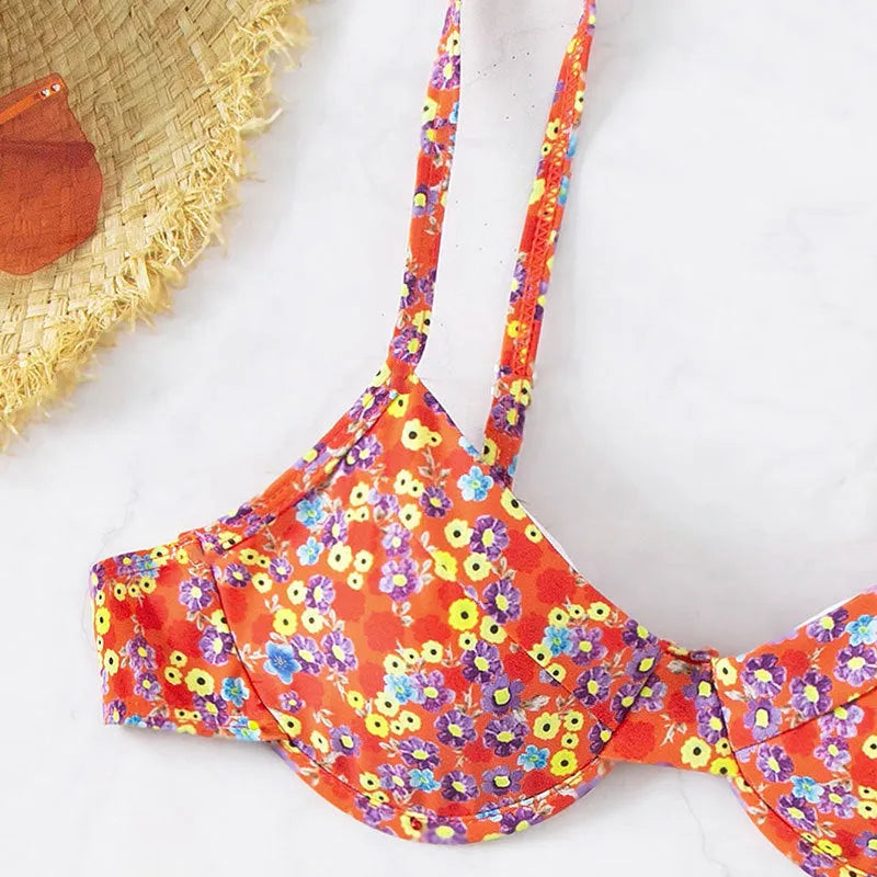 Women's red floral high waist swimsuit with adjustable straps in polyester fabric