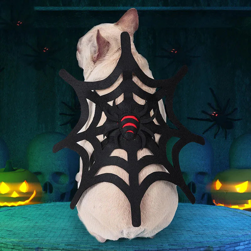 Black felt cloth Halloween spider web costume for cats and dogs, with size chart showing neck and bust measurements