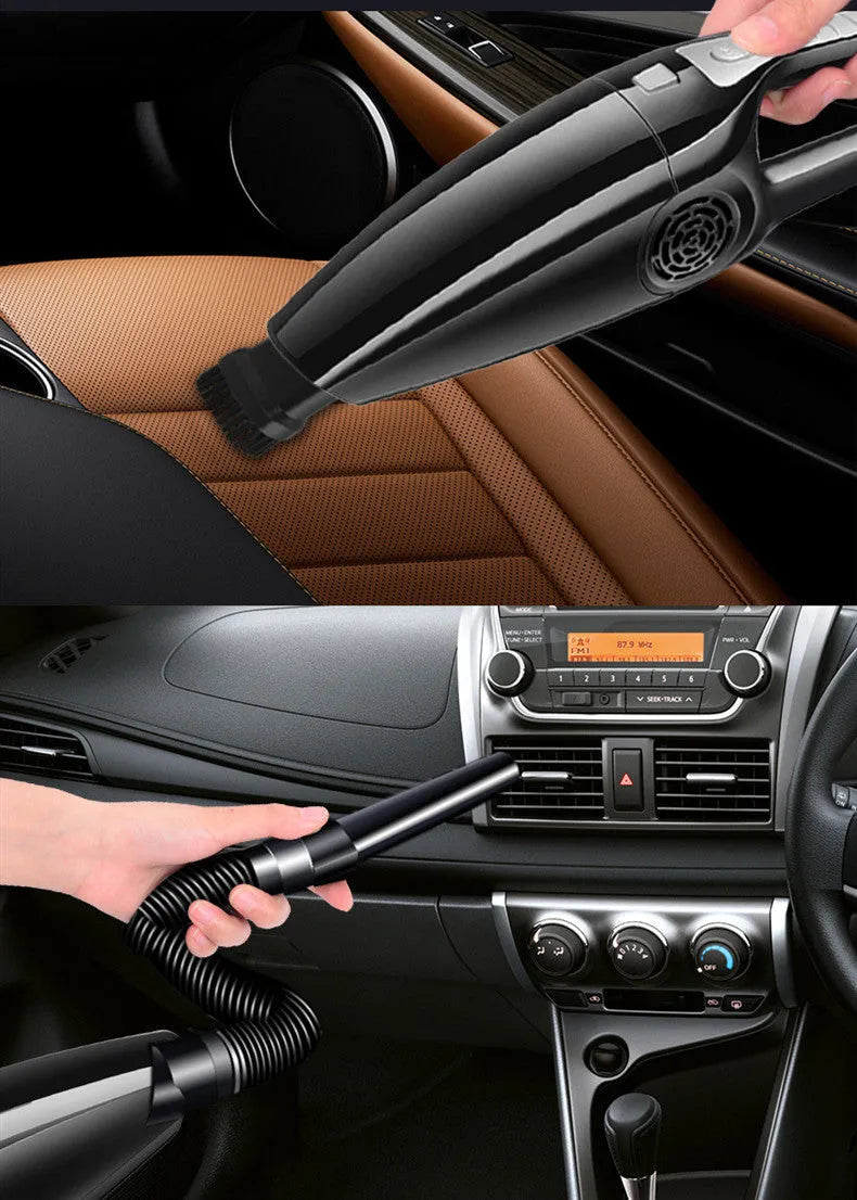 Black and orange high-power 12V car vacuum cleaner with compact design.