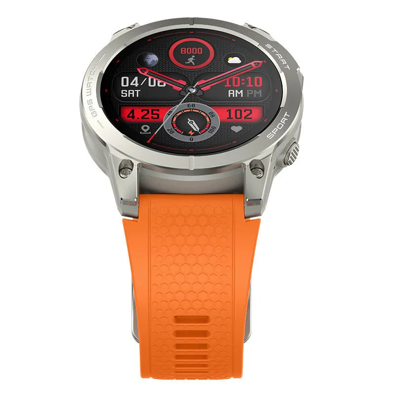 S53 outdoor GPS sports smart watch with black zinc alloy frame and silicone wristband showing 1.43-inch IPS display