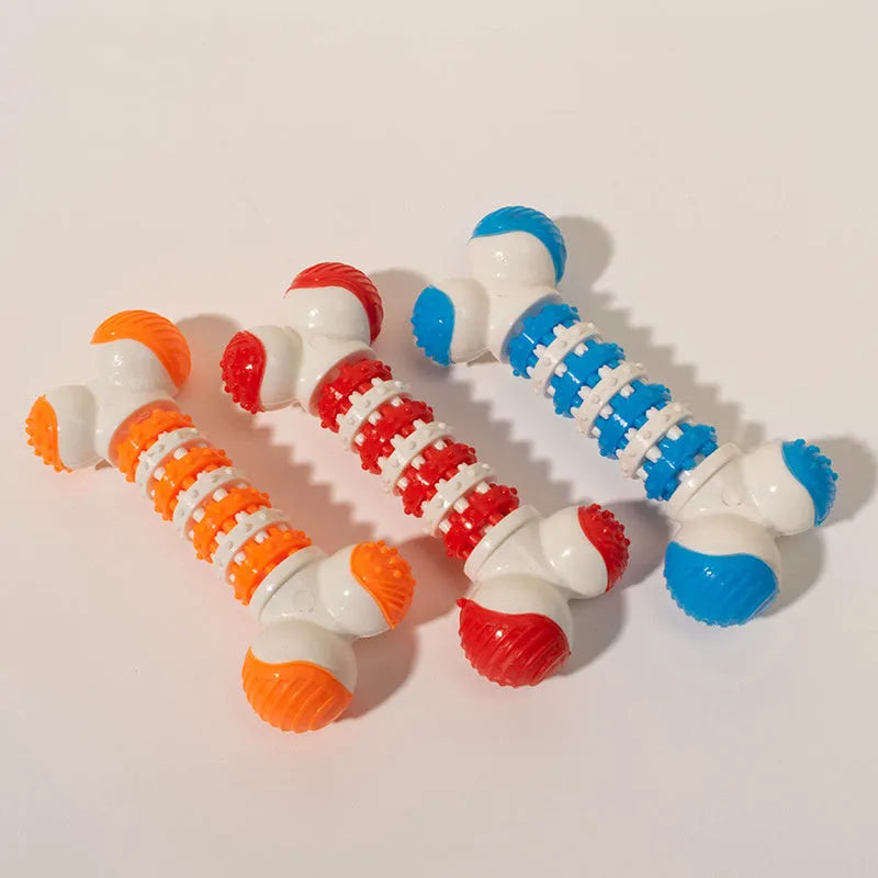 Blue bone-shaped interactive dog toy with chewable ends and centre treat holder for small breeds