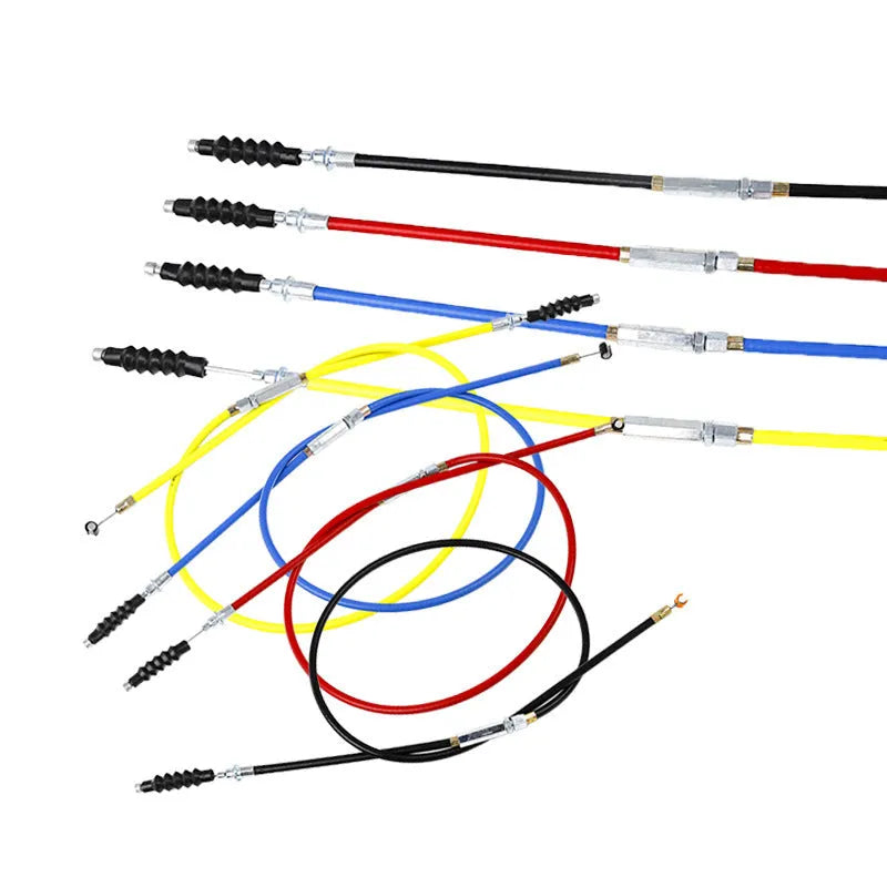 0.98 metre motorcycle clutch and accelerator cable set in black, blue, red, and yellow for 110-125cc scramblers.