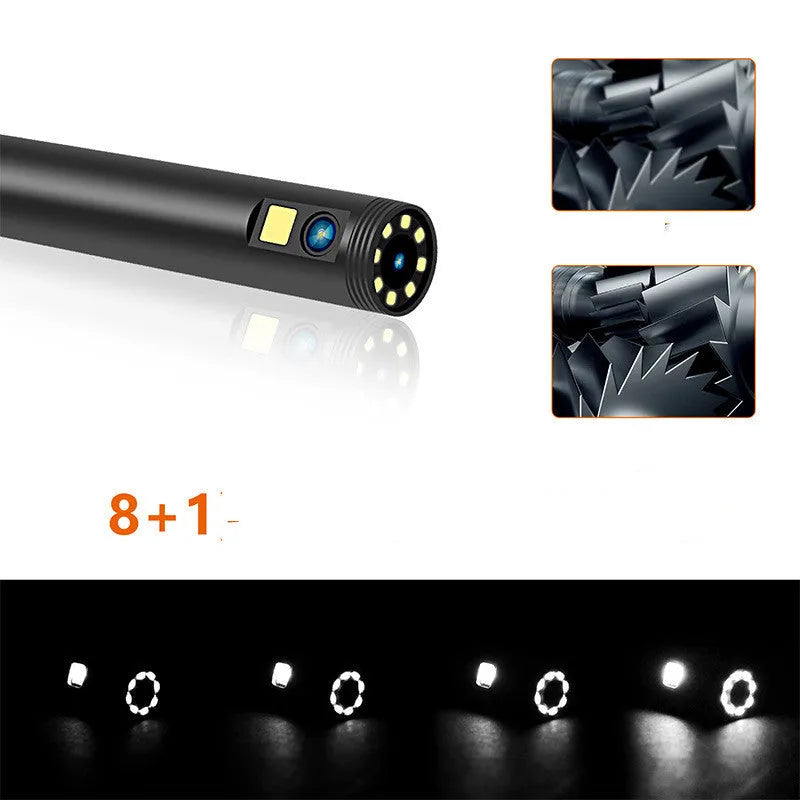 F300 wireless dual-lens endoscope with 5.5mm and 8mm waterproof probes, magnet, and hook accessories