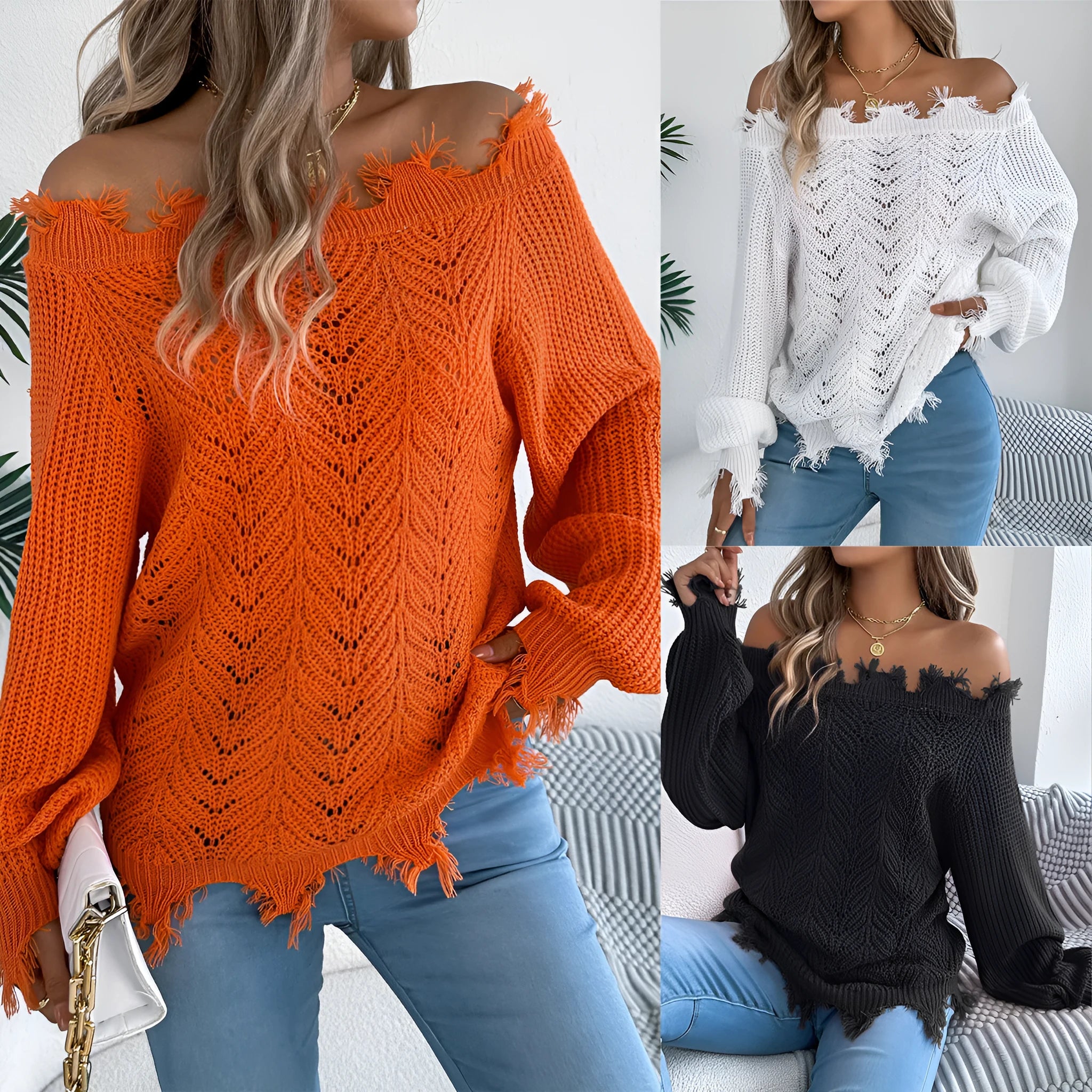 White women's hollow-out off-the-shoulder long sleeve acrylic wool pullover sweater