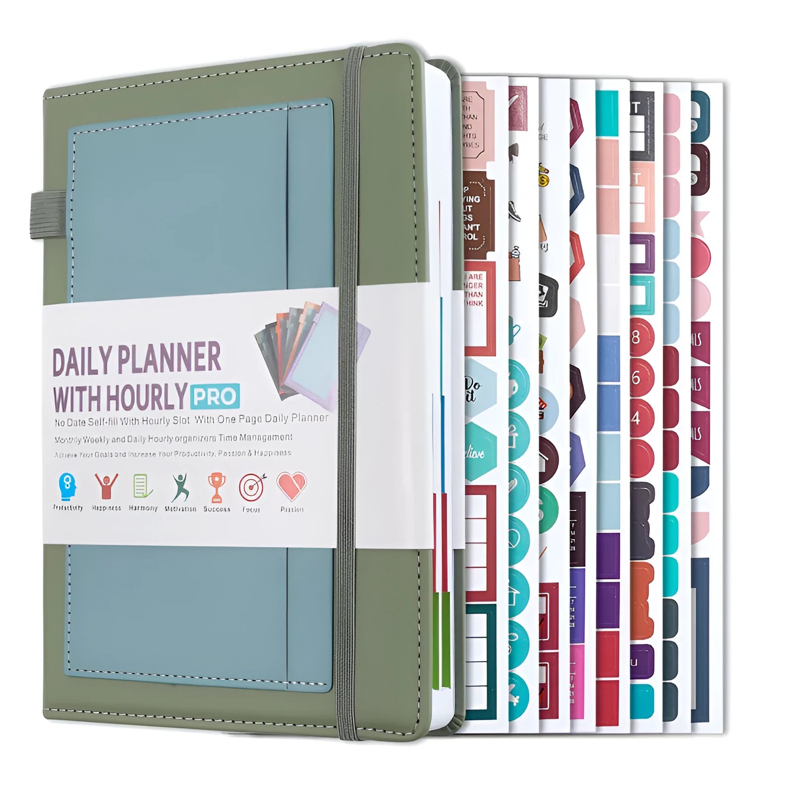 No-date notebook with PU cover and elastic strap in a choice of colours, lying open on a table.