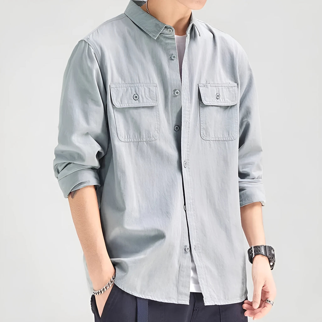 Men's loose fit long sleeve overalls shirt in polyester fabric with cardigan style front