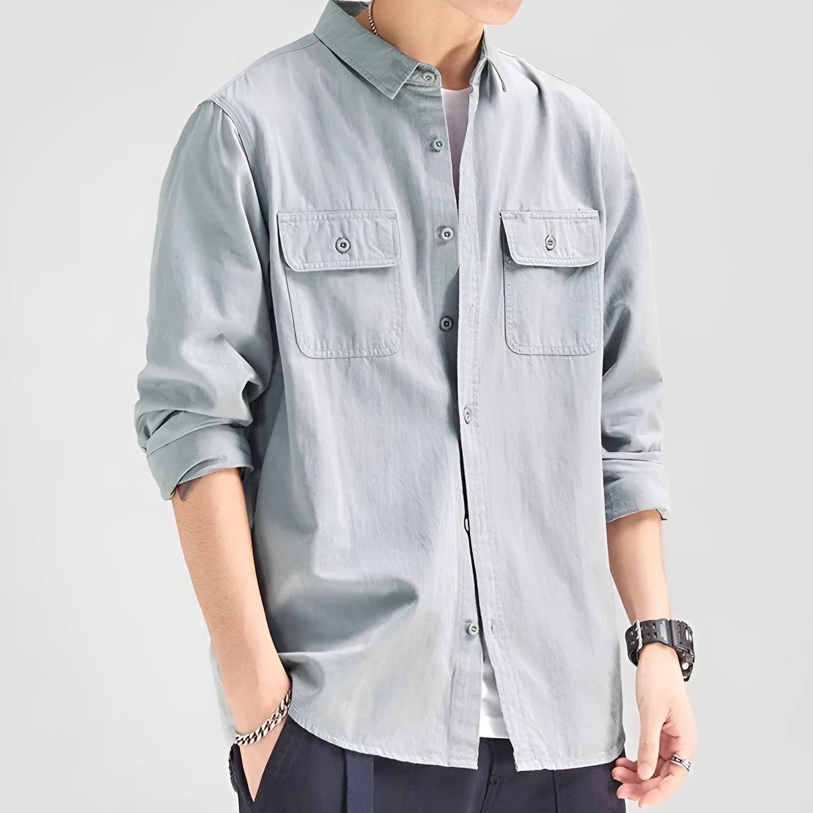 Men's loose fit long sleeve overalls shirt in polyester fabric with cardigan style front