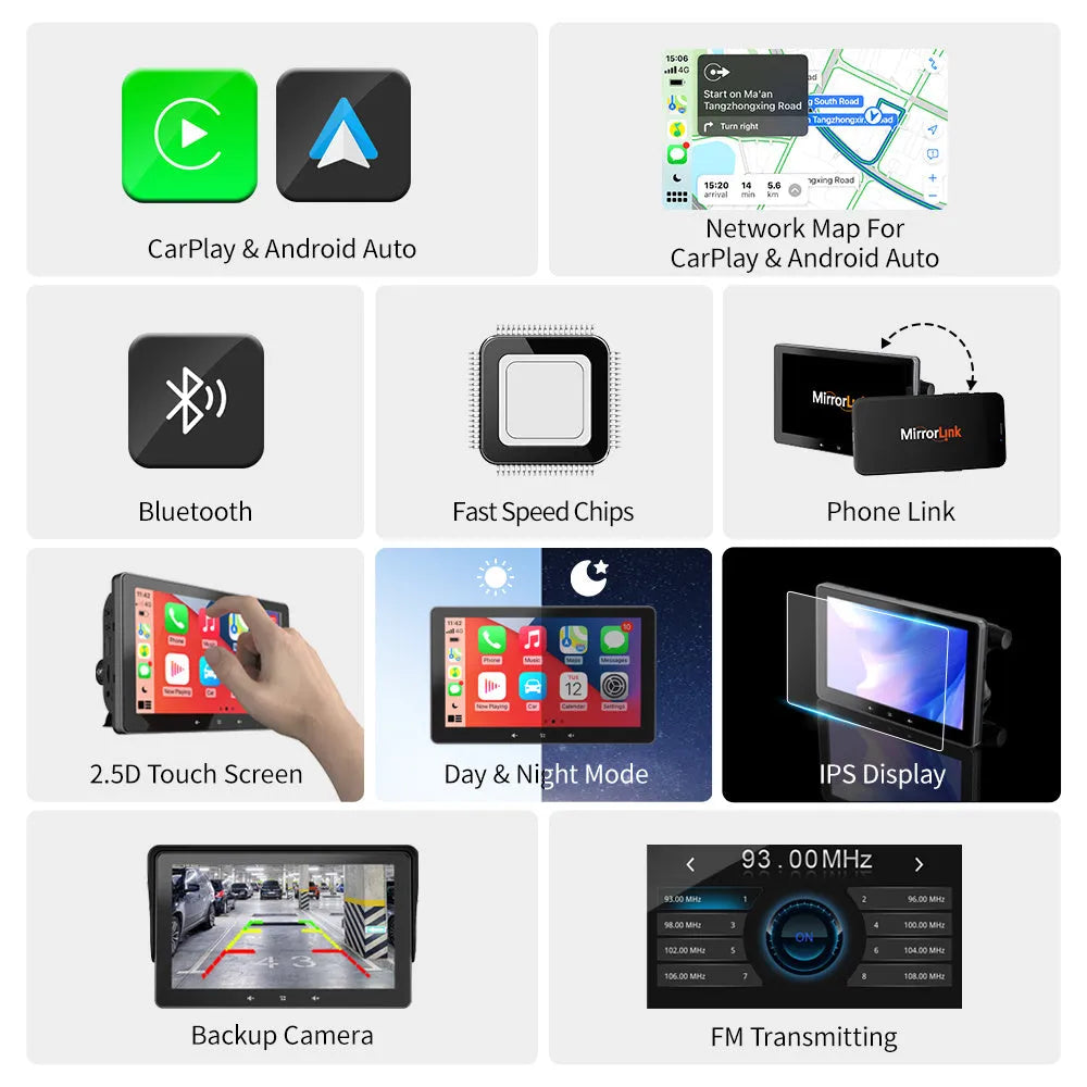 7-inch car wireless CarPlay display with suction cup mount and astern video cable on a dashboard