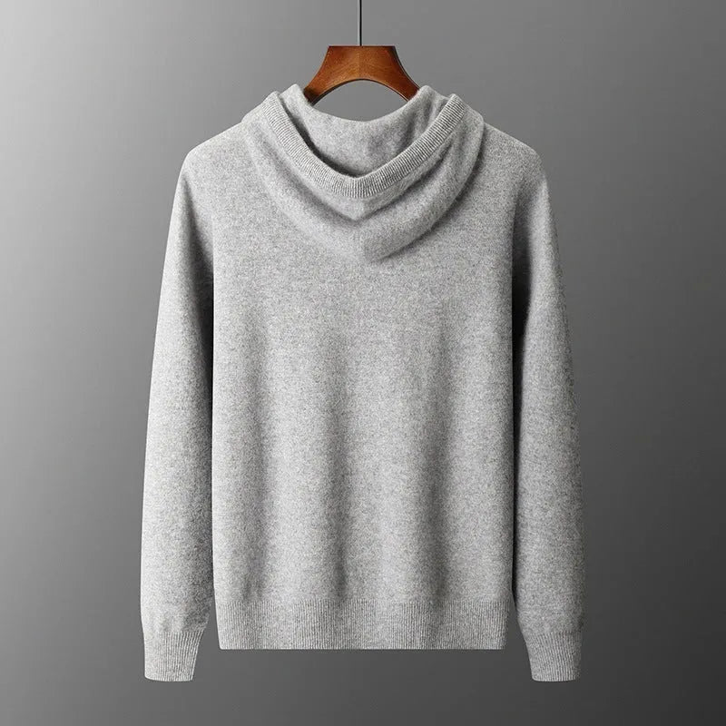 Men's light grey cashmere hooded sweatshirt and trousers leisure set on mannequin