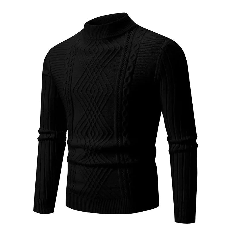 Men's solid colour stand collar pullover sweater in polyester, loose fit, available in beige, black, red, khaki, and blue