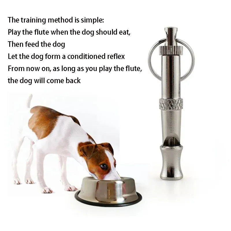 Metallic-coloured adjustable ultrasonic dog training whistle made from brass electroplated nickel.