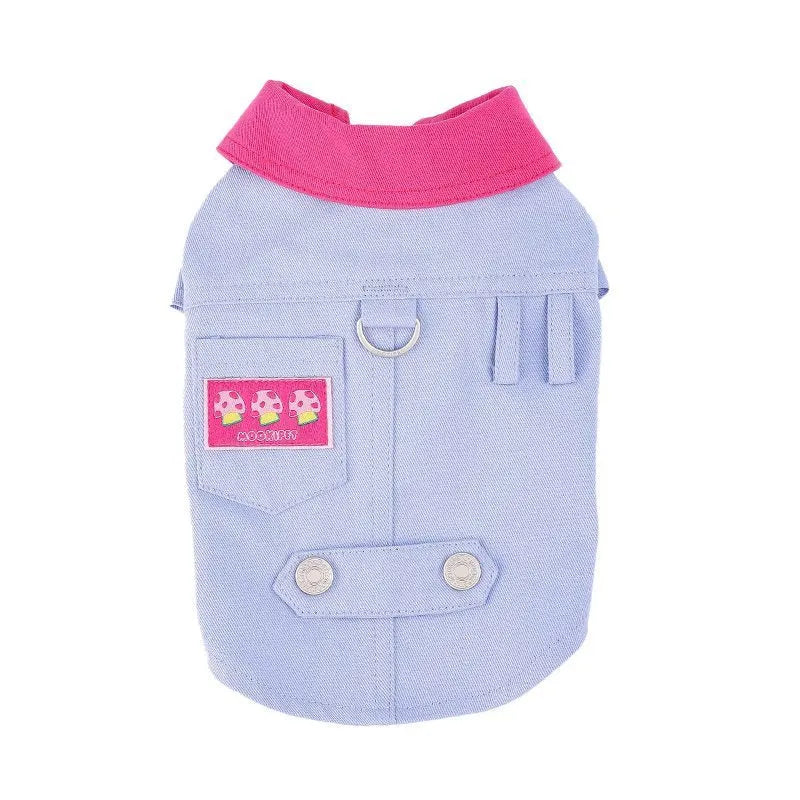 Blue and purple polyester vest for small dog with metal D-ring on chest.