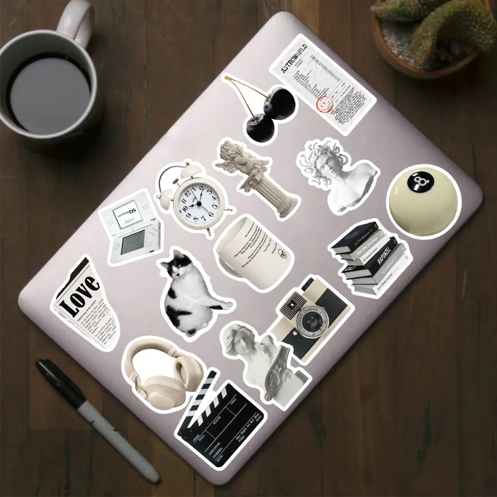 Set of 61 black and white coffee cup design PVC waterproof stickers for laptops and phones.