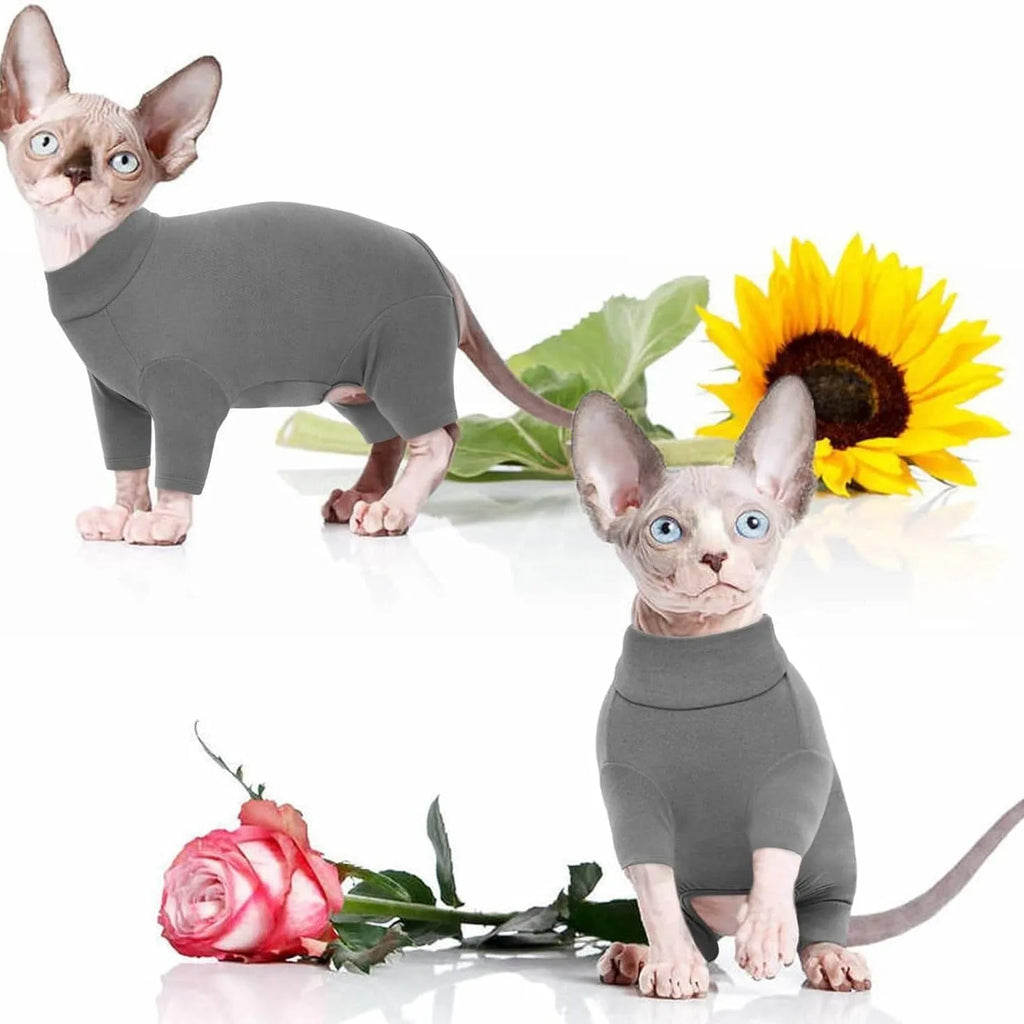 Grey faux fur turtleneck sweater on a hairless Sphynx cat, showing sleeves and leg openings.